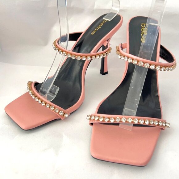 BEBE Pink Sandals Rhinestone Heels square toe slip on Heels Sz 10 - Picture 1 of 7
